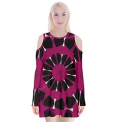 Pink And Black Seamless Pattern Velvet Long Sleeve Shoulder Cutout Dress