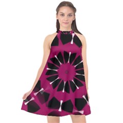 Pink And Black Seamless Pattern Halter Neckline Chiffon Dress 