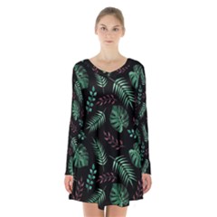 Tropical Leaves Pattern Long Sleeve Velvet V-neck Dress