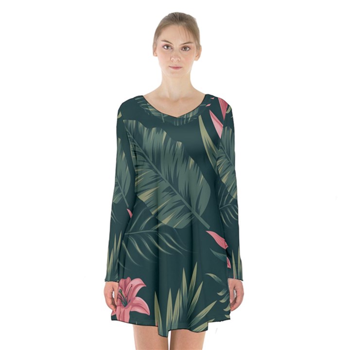 Tropical Flowers Pattern Tekstura Fon Background Pattern Long Sleeve Velvet V-neck Dress