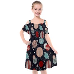 Space Galaxy Pattern Kids  Cut Out Shoulders Chiffon Dress