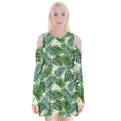 Leaves Tropical Wallpaper Foliage Velvet Long Sleeve Shoulder Cutout Dress