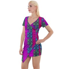 Flowers In A Rainbow Liana Forest Festive Short Sleeve Asymmetric Mini Dress