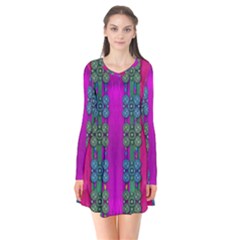 Flowers In A Rainbow Liana Forest Festive Long Sleeve V-neck Flare Dress