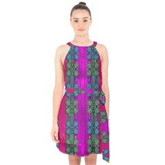 Flowers In A Rainbow Liana Forest Festive Halter Collar Waist Tie Chiffon Dress