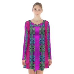 Flowers In A Rainbow Liana Forest Festive Long Sleeve Velvet V-neck Dress