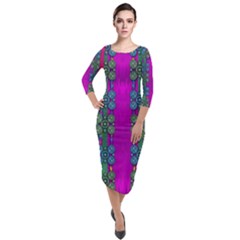 Flowers In A Rainbow Liana Forest Festive Quarter Sleeve Midi Velour Bodycon Dress