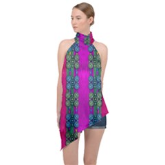 Flowers In A Rainbow Liana Forest Festive Halter Asymmetric Satin Top