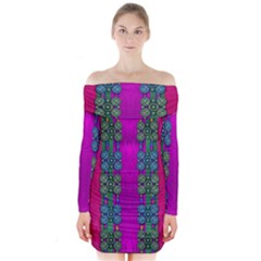 Flowers In A Rainbow Liana Forest Festive Long Sleeve Off Shoulder Dress