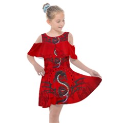 Chinese Dragon On Vintage Background Kids  Shoulder Cutout Chiffon Dress by FantasyWorld7