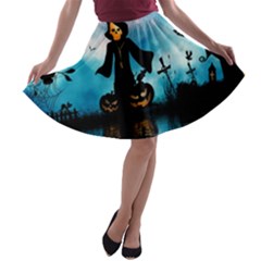 Funny Halloween Design With Skeleton, Pumpkin And Owl A-line Skater Skirt by FantasyWorld7