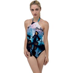 Funny Halloween Design With Skeleton, Pumpkin And Owl Go With The Flow One Piece Swimsuit by FantasyWorld7