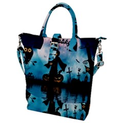 Funny Halloween Design With Skeleton, Pumpkin And Owl Buckle Top Tote Bag by FantasyWorld7