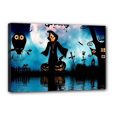 Funny Halloween Design With Skeleton, Pumpkin And Owl Canvas 18  X 12  (stretched) by FantasyWorld7