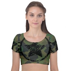 Military Camouflage Design Velvet Short Sleeve Crop Top  by Vaneshart