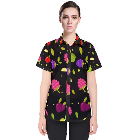 Vector Seamless Summer Fruits Pattern Colorful Cartoon Background Women s Short Sleeve Shirt by Vaneshart