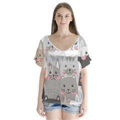 Hand Draw Cats Seamless Pattern V-neck Flutter Sleeve Top by Vaneshart