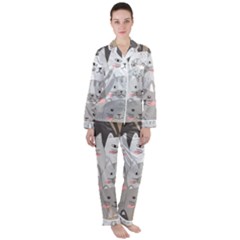 Hand Draw Cats Seamless Pattern Satin Long Sleeve Pyjamas Set