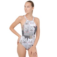 Hand Draw Cats Seamless Pattern High Neck One Piece Swimsuit by Vaneshart