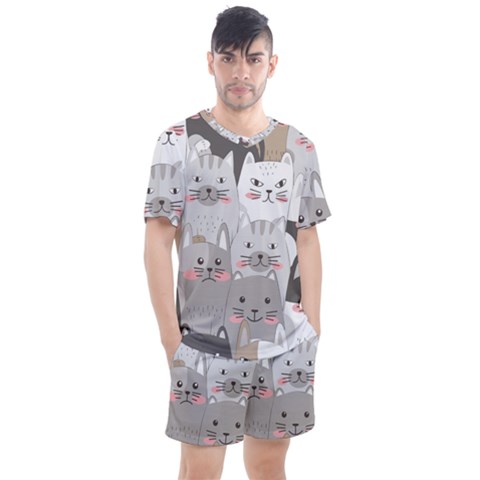 Hand Draw Cats Seamless Pattern Men s Mesh Tee And Shorts Set by Vaneshart