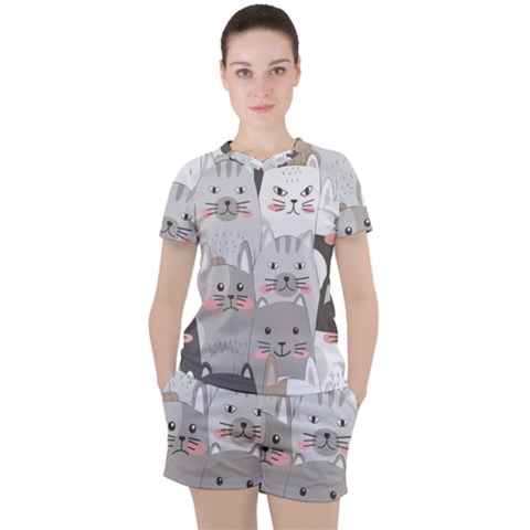 Hand Draw Cats Seamless Pattern Women s Tee And Shorts Set by Vaneshart