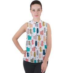 Cute Seamless Pattern Happy Kitty Kitten Cat Mock Neck Chiffon Sleeveless Top by Vaneshart