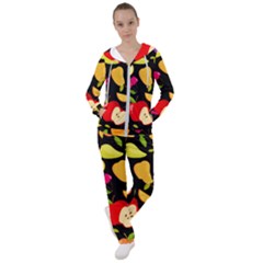 Vector Seamless Summer Fruits Pattern Black Background Women s Tracksuit