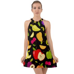 Vector Seamless Summer Fruits Pattern Black Background Halter Tie Back Chiffon Dress by Vaneshart