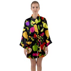 Vector Seamless Summer Fruits Pattern Black Background Long Sleeve Satin Kimono by Vaneshart