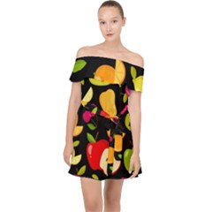 Vector Seamless Summer Fruits Pattern Black Background Off Shoulder Chiffon Dress by Vaneshart