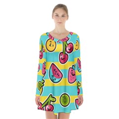 Summer Fruits Patterns Long Sleeve Velvet V-neck Dress