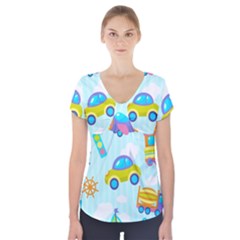 Transport Toy Seamless Pattern Short Sleeve Front Detail Top