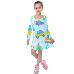 Transport Toy Seamless Pattern Kids  Long Sleeve Velvet Dress by Vaneshart