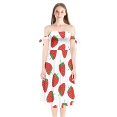 Seamless Pattern Fresh Strawberry Shoulder Tie Bardot Midi Dress by Vaneshart