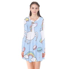 Unicorn Seamless Pattern Background Vector Long Sleeve V-neck Flare Dress by Sobalvarro