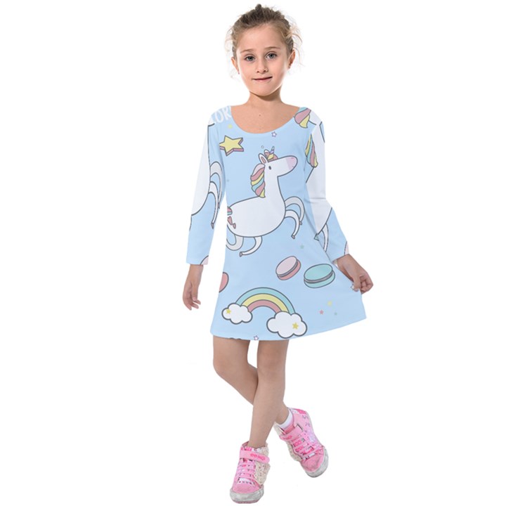 Unicorn Seamless Pattern Background Vector Kids  Long Sleeve Velvet Dress