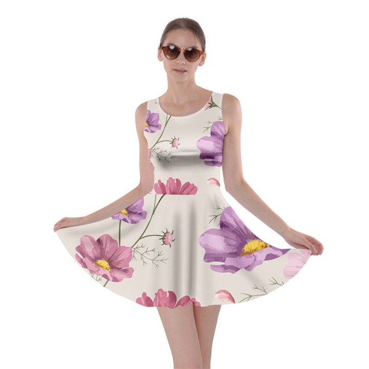 Vector Hand Drawn Cosmos Flower Pattern Skater Dress