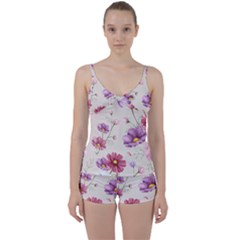 Vector Hand Drawn Cosmos Flower Pattern Tie Front Two Piece Tankini