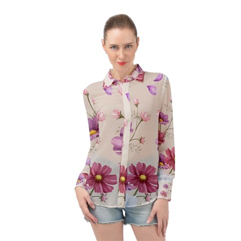 Vector Hand Drawn Cosmos Flower Pattern Long Sleeve Chiffon Shirt by Sobalvarro