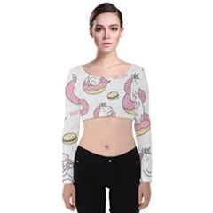 Unicorn Seamless Pattern Background Vector (1) Velvet Long Sleeve Crop Top by Sobalvarro