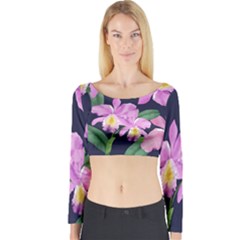 Vector Hand Drawn Orchid Flower Pattern Long Sleeve Crop Top by Sobalvarro