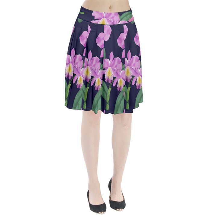 Vector Hand Drawn Orchid Flower Pattern Pleated Skirt