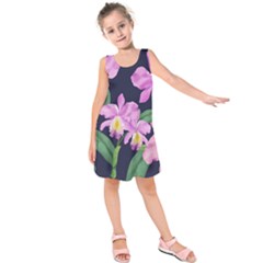 Vector Hand Drawn Orchid Flower Pattern Kids  Sleeveless Dress by Sobalvarro