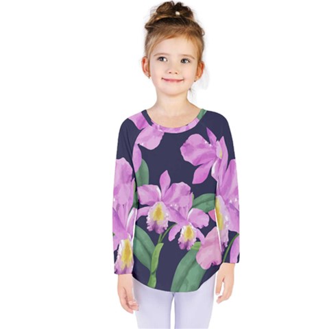 Vector Hand Drawn Orchid Flower Pattern Kids  Long Sleeve Tee by Sobalvarro