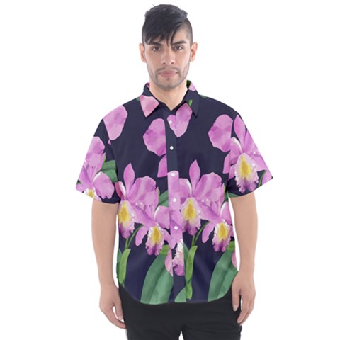 Vector Hand Drawn Orchid Flower Pattern Men s Short Sleeve Shirt by Sobalvarro