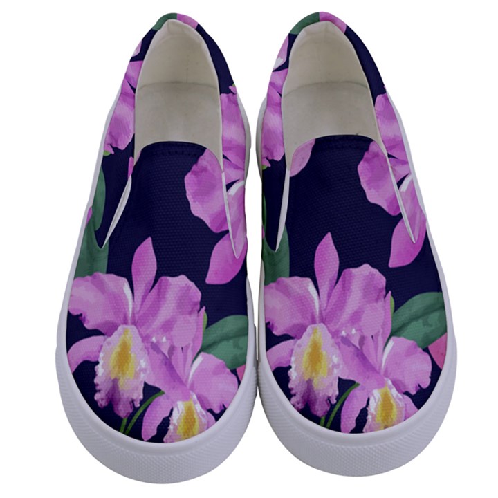 Vector Hand Drawn Orchid Flower Pattern Kids  Canvas Slip Ons