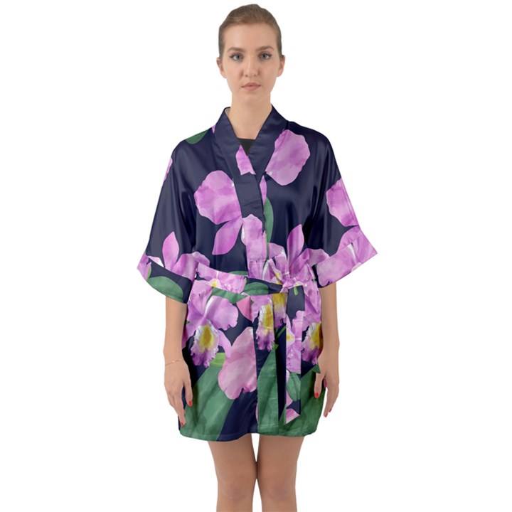 Vector Hand Drawn Orchid Flower Pattern Half Sleeve Satin Kimono 