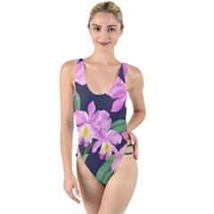 Vector Hand Drawn Orchid Flower Pattern High Leg Strappy Swimsuit by Sobalvarro