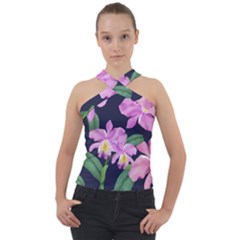 Vector Hand Drawn Orchid Flower Pattern Cross Neck Velour Top by Sobalvarro