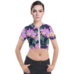 Vector Hand Drawn Orchid Flower Pattern Short Sleeve Cropped Jacket by Sobalvarro